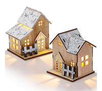 HEMOTON 2 Pièces Décoration de Noël en Bois LED Lumineuse Petite Maison | Ambiance Festive de Noël, Format Bureau et Table, Teinte Kaki, Pièce Créative pour Intérieur