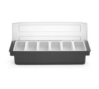 HENDI Boîte à Ingrédients BarUp, Organiseur de Condiments pour Bar, Station de Garniture avec Couvercle Transparent, 6 Bacs en Polypropylene, 480x150x(H) 100mm, HIPS, Noir