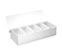 HENDI Boîte à Ingrédients BarUp, Organiseur de Condiments pour Bar, Station de Garniture avec Couvercle Transparent, 5 Bacs en HDPE, 375x140x(H)90mm, Acier Inoxydable