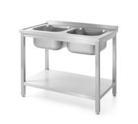 HENDI Évier, de cuisine, double, 2x 400x400x(H)250 mm, avec étagère, amovible, pieds réglables, orifice pour robinet ø30 mm, évacuation ø52 mm, dosseret 40 mm, 1000x600x(H)850 mm, acier inoxydable