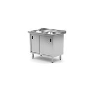 HENDI Évier de cuisine, double, 2x 400x400x(H)250mm, soudée, avec meuble bas et portes coulissantes, orifice pour robinet ø30mm, évacuation ø50mm, pieds réglables, 1000x600x(H)850 mm, acier inoxydable