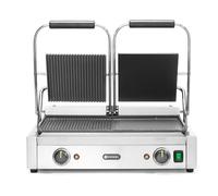 HENDI Gril de Contact Électrique Double, Plaque Panini Professionnel, Plaques Lisse et Rainurées en Fonte Émaillée, 230V, 3600W, 570x375x(H)216mm, Acier Inoxydable