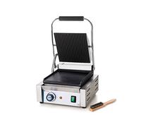 HENDI Gril de Contact Électrique, Plaque Panini Professionnel, Plaques Lisse et Rainurées en Fonte Émaillée, 230V, 1800W, 310x375x(H)216mm, Acier Inox