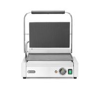 HENDI Gril de Contact Électrique, Plaque Panini Professionnel, Plaques Lisse et Rainurées en Fonte Émaillée, 230V, 2200W, 430x375x(H)216mm, Acier Inox