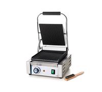 HENDI Gril de Contact Électrique, Plaque Panini Professionnel, Plaques Rainurées en Fonte Émaillée, 230V, 1800W, 310x375x(H)216mm, Acier Inox