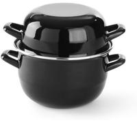 HENDI Marmite à moules avec couvercle, casserole, pot pour les fruits de mer, les sauces, convient uniquement pour les cuisinières à gaz, 0,8kg, 2,5L, ø200x(H)180mm, émaillée noire avec rebord en inox