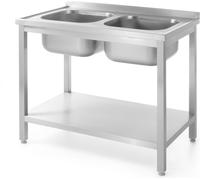 HENDI Table avec 2 éviers et tablette - vissée, profondeur 600 mm, Kitchen Line, 1000x600x(H)850mm