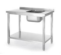HENDI Table vissée avec évier, étagère inférieure fixe, auto-assemblable, pieds en profilés, trou pour robinet Ø30 mm et vidange Ø50 mm, 1000x600x(H)850 mm, inox