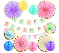 HENGBIRD Décoration Anniversaire Fille Réutilisable, Kit Pastel avec Guirlande Happy Birthday, Fanions, RÉventail Papier Pompon et Boules Papier, Décorations Sans Ballons pour Fête Enfant ou Femme