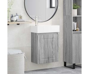 HengCaDa Meuble de salle de bain avec robinet, gris sonoma, organisateur de meubles de salle de bain moderne avec grand espace de rangement, porte réversible, lavabo en céramique, montage mural