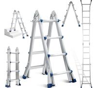 Hengda Echelle télescopique Alu léger 4x4 niveaux Argent +multifonction Echelle multifonctionnelle Echelle extensible 15 marches Escabeau en aluminium de qualité supérieure Capacité de charge 150KG