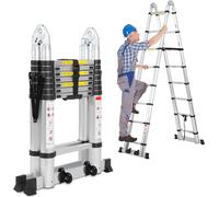 Hengda Escabeau télescopique Alu léger Antidérapant 2,5m+2,5m Argent Escabeau multifonctions Escabeau à coulisse 15 marches Escabeau en aluminium de qualité supérieure Capacité de charge 150KG