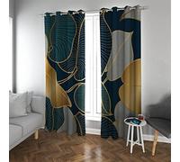 HengYun ART Rideaux occultants Ginkgo Biloba Feuilles Texture Longueur Bleu Marine et Or Rideaux de fenêtre, Abstract Plant Gold Curtains 2 Panel Set 2xL152xL183cm