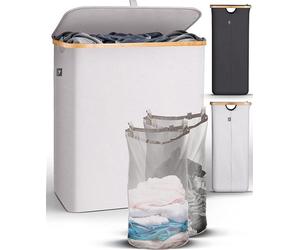 HENNEZ Grand panier à linge avec couvercle, 2 compartiments | Sac à linge 140L | Panier à linge pour salle de bain et chambre | Collecteur de linge moderne avec poignées | Pliable