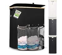 Hennez Panier à linge 150L - panier à linge 3 compartiments - avec couvercle - trieur à linge avec sac à linge - paniers à linge - bambou noir - bac à linge - système de tri du linge - panier à linge