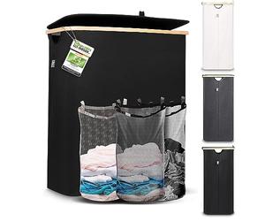 Hennez Panier à linge 150L - panier à linge 3 compartiments - avec couvercle - trieur à linge avec sac à linge - paniers à linge - bambou noir - bac à linge - système de tri du linge - panier à linge