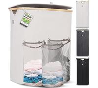 HENNEZ Panier à Linge 150L - Paniere a Linge Sale 3 Compartiment - Bac a Linge Sale Pliable avec Couvercle, Poignée en Bambou - Corbeille a Linge pour Buanderie - Panier a Linge, Beige