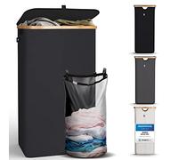 HENNEZ Panier a Linge avec Couvercle - Corbeille a Linge Poignée en Bambou - Paniere a Linge Sale Pliable 100 L, Bac a Linge pour Buanderie, Panier à Linge, Noir