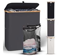 HENNEZ Panier Linge Sale 140L - Panier Linge 2 Compartiment - Bac Linge Sale Pliable Couvercle, Poignée Bambou, Gris Fonce