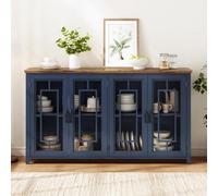 Hennhari Buffet Bas de Rangement avec Portes Vitrées, Meuble Vaisselier Moderne Finition Bois, pour Cuisine, Salon et Salle à Manger, Système Anti-Basculement (Bleu)
