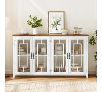 Hennhari Buffet Bas de Rangement avec Portes Vitrées, Meuble Vaisselier Moderne Finition Bois, pour Cuisine, Salon et Salle à Manger, Système Anti-Basculement (Blanc)