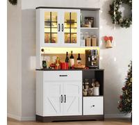 Hennhari Buffet De Cuisine avec Porte-Gobelets Et Prise Électrique, Armoire Haute avec Bande Lumineuse LED, Meuble De Rangement avec Tablettes Réglables pour Cuisine, Salle À Manger Et Salon (Blanc)