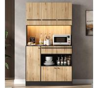 Hennhari Buffet Haut Cuisine, Armoire Rangement Multifonction avec Éclairage LED, 2 Tiroirs, Étagères Réglables, Espace Micro-Ondes, pour Salon Salle à Manger (Noir Naturel)