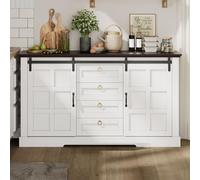 Hennhari Enfilade Vintage Style Campagnard avec Portes Coulissantes Et 4 Tiroirs, Meuble De Rangement avec Tablettes Réglables, Convient pour Salle À Manger, Cuisine Et Salon (Blanc)