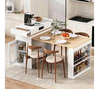 Hennhari Îlot de Cuisine Extensible avec Prises Électriques, Table à Manger Pliante et Buffet de Rangement avec Crochets pour Salon et Salle à Manger (Blanc)
