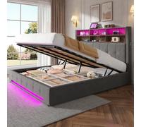 Hennhari Lit Coffre Velours avec Tête de Lit à Étagères et Port USB-C, Éclairage LED, Sommier à Lattes Hydraulique pour Grand Rangement sous Le Cadre, Meuble de Chambre (Gris Foncé,180Cm×200Cm)