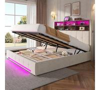 Hennhari Lit Coffre Velours avec Tête de Lit à Étagères et Port USB-C, Éclairage LED, Sommier à Lattes Hydraulique pour Grand Rangement sous Le Cadre, Meuble de Chambre (Beige,180Cm×200Cm)
