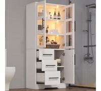 Hennhari Meuble De Salle De Bain Haut 72×35×170 Cm avec 3 Tiroirs Et Étagères Réglables, Armoire De Rangement À Double Portes Vitrées avec Éclairage LED, Adapté pour Salon Et Chambre (Blanc)