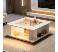 Hennhari Table Basse Carrée avec Plateau en Verre Et Éclairage LED, Meuble De Salon avec Rangement Ouvert, Finition Laquée Haute Brillance pour Intérieur Moderne (Blanc)