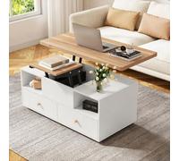 Hennhari Table Basse Relevable Hydraulique Pliante, 4 Tiroirs et Rangements, sur roulettes, Transformable pour Repas et Travail, Idéale pour Salon Petit Espace (Bois Naturel)