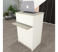 Henor Comptoir EGA roulettes. 62 x 50/65 x 102 cm. 4 roulettes Pivot et Frein Max 135kg. Ideal Bureau. Commerce. Clinique. Blanc et Chêne Stel