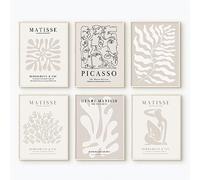 Henri Matisse Lot de 6 impressions sur toile abstraites avec fleurs beiges et esthétiques - Décoration murale - Poster de Matisse Picasso - Peinture vintage pour chambre à coucher - 20,3 x 25,4 cm -