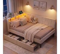 Henunem Canapé Lit 90x200 cm avec éclairage LED et Ports USB, Cadre de Lit 90 x 200 avec Deux Grands tiroirs, Lit Banquette Enfant 90x200, Tête de Lit à Dossier Rembourré,Velours,Beige