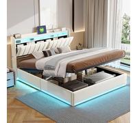 Henunem Lit Coffre 140×200 avec LED et Ports USB,Tête de lit Capitonné avec Étagères Ouvertes et Rangement Caché, Lits 2 Personnes avec Hydraulique, Sommier à Lattes, Velours,Beige