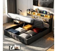 Henunem Lit Coffre 140x190, avec Éclairage LED et Port USB, Lits Double Rembourré avec Tete de lit, Cadre de lit 140 x 190 cm avec Sommier et Rangement,Lin Matériel (Gris-60, 140x190 cm)