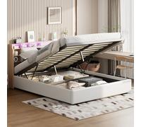 Henunem Lit Coffre 140x200 avec Éclairage LED,Tête de lit Capitonné avec Étagères Ouvertes et Rangement Caché, Lits 2 Personnes avec Hydraulique, Sommier à Lattes, PU Matériel,Blanc