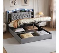 Henunem Lit Coffre 160x200 cm avec Éclairage LED et Prise USB, lit Double Hydraulique avec Compartiment de Rangement Ouvert, Cadre de lit 2 Personnes avec Sommier à Lattes,sans Matelas,Velours,Gris