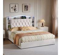 Henunem Lit Coffre 160x200 cm avec Éclairage LED et Prise USB, lit Double Hydraulique avec Compartiment de Rangement Ouvert, Cadre de lit 2 Personnes avec Sommier à Lattes,Velours,Beige