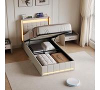 Henunem Lit Coffre 90x200 Entièrement Rembourré 90x200 Beige avec Rangement - Sommier Relevable à Vérin, Tête de lit LED & Prises USB/Type-C - pour Enfant, Ado, Adulte