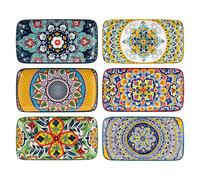 HENXFEN LEAD Assiettes de service en porcelaine, petit ensemble d'assiettes rectangulaires de 8 pouces, assiettes à salade pour sushis, entrées, gâteaux, motif floral bohème en 6 couleurs vives
