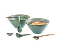 HENXFEN LEAD Ensemble de bols à ramen japonais en céramique, 2L Grands bols à soupe Ramen Bowl Set avec 2X bol, baguettes, cuillère en céramique, repose-baguettes, Vert brillant