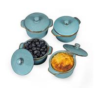 HENXFEN LEAD Mini Cocottes en Grès, 230ml Ramequins Soufflés avec Couvercle, Lot de 4 Petits Ramequins Crème Brûlée, Bleu réactif