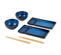 HENXFEN LEAD Service de table japonais à sushis, 6 pièces, grand service à sushi pour soupe miso, riz maki sushi avec 2 assiettes à sushis, bols, paire de baguettes, bleu marine