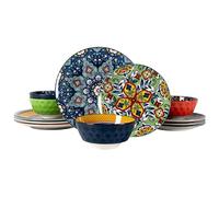 HENXFEN LEAD Set de vaisselle 12 pièces, service de table en porcelaine pour 4 personnes - Vaisselle colorée composée de 4x assiettes à manger, 4x assiettes à dessert, 4x saladiers - Style bohème