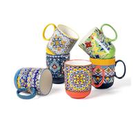 HENXFEN LEAD Tasses à café en porcelaine, set de tasses à café de 410ml avec anse, tasses en porcelaine pour thé café lait cappuccino, Coloré, pack de 6 - Style bohème