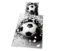 Herding Parure de Lit Effet 3D, Football, Réversible, Taie d'Oreiller 70 x 90 cm, Housse de Couette 140 x 200 cm, Avec Fermeture Éclair Facile, 100% Coton/Renforcé, Gris/Blanc